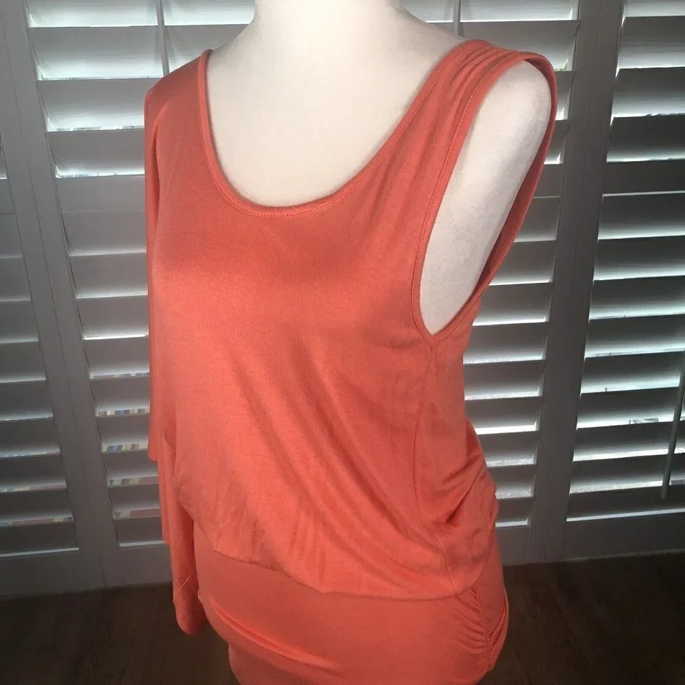NEW Arden B Bright Coral One Shoulder Kimono Mini Dress M Ruched Bodycon Skirt